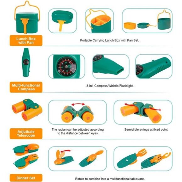 Kids Camping Set with Tent 30pcs - Outdoor Campfire Toy Set for Toddlers (Green) - Picture 5 of 7